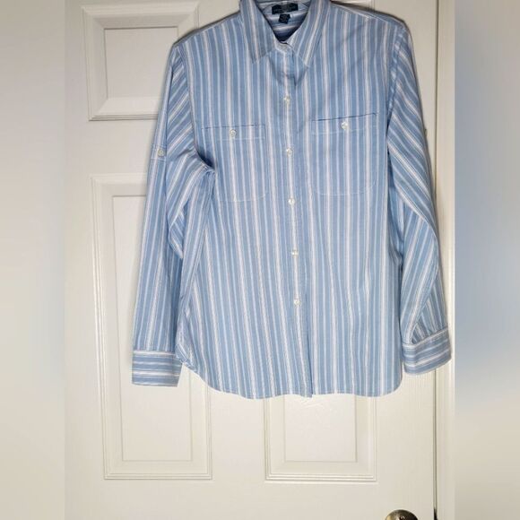 LaurenRalphLauren Jeans Co Denim Blue Striped LngTabSlve Buttons Up Women Shirt - Picture 1 of 7